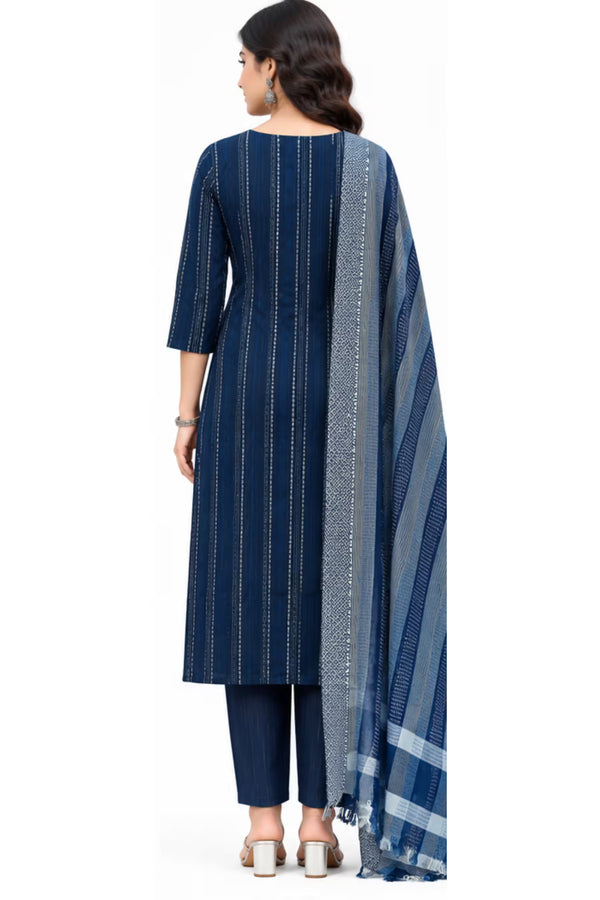 Back View - Navy Blue Cotton Straight Kurta Pant Set with Dupatta | Bavis Clothing