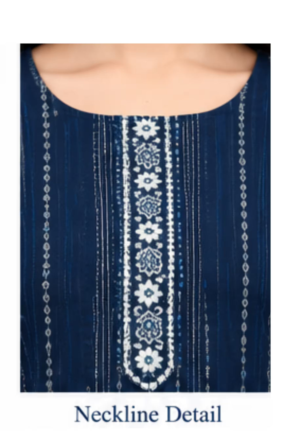 Neckline Detail - Navy Blue Cotton Straight Kurta Pant Set with Dupatta | Bavis Clothing
