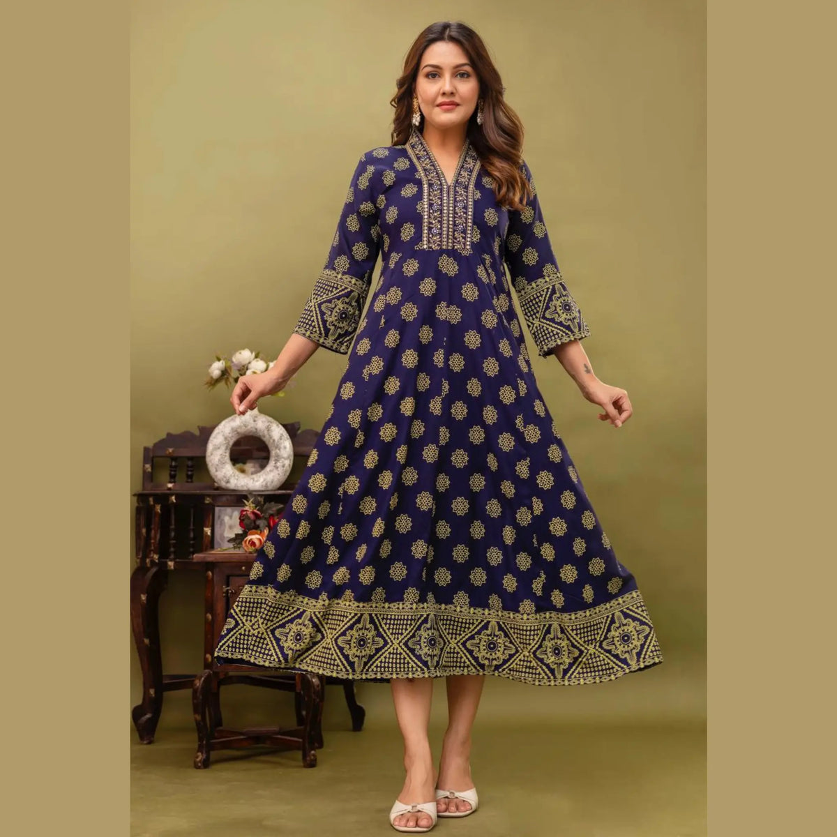 Navy Blue Ethnic Printed Anarkali Kurti for Women | Gold Motif Traditional Wear