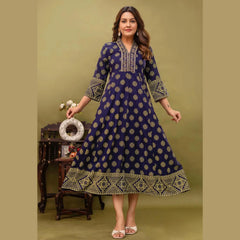 Navy Blue Ethnic Printed Anarkali Kurti for Women | Gold Motif Traditional Wear