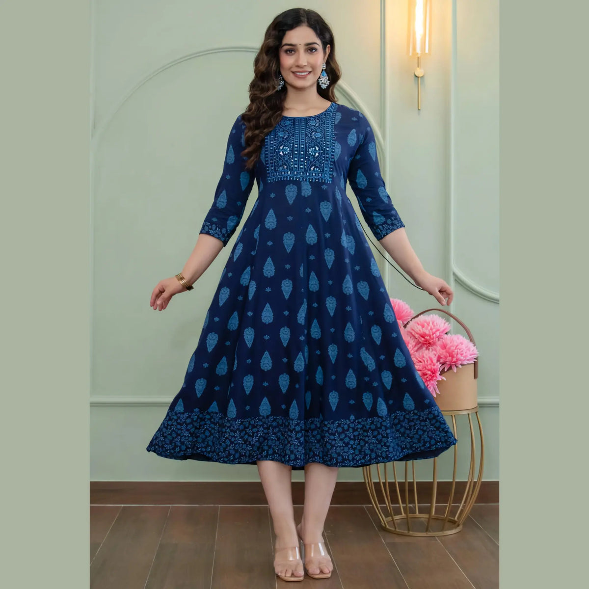 Navy Blue Ethnic Printed Anarkali Kurti for Women _ Classic Traditional Prints