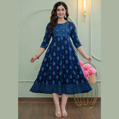 Navy Blue Ethnic Printed Anarkali Kurti for Women _ Classic Traditional Prints