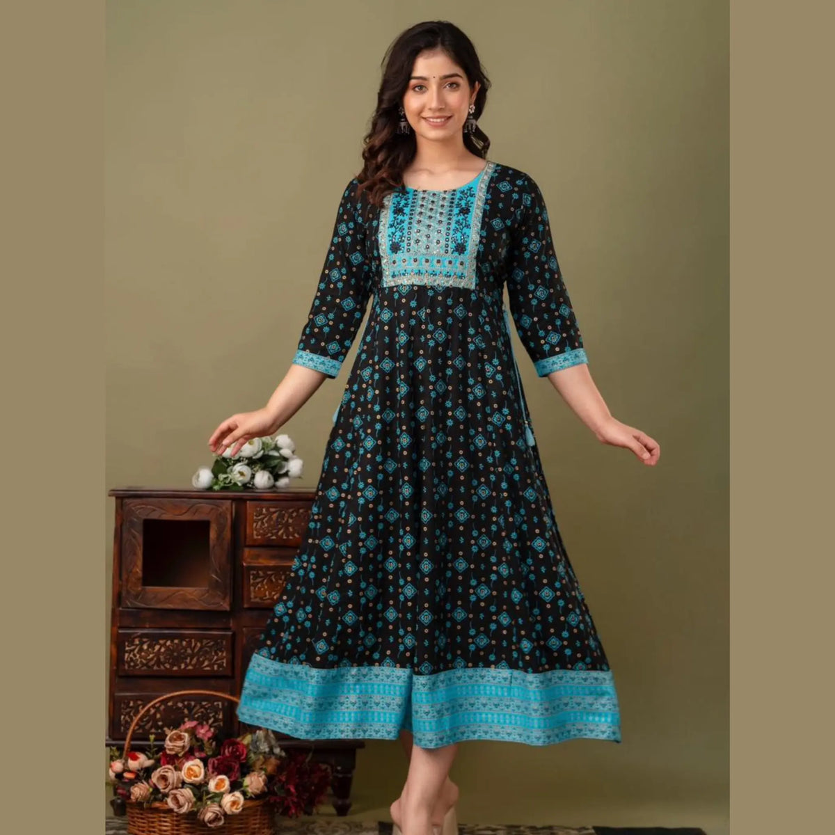 Navy Blue Golden Foil Print Full Flared Kurti