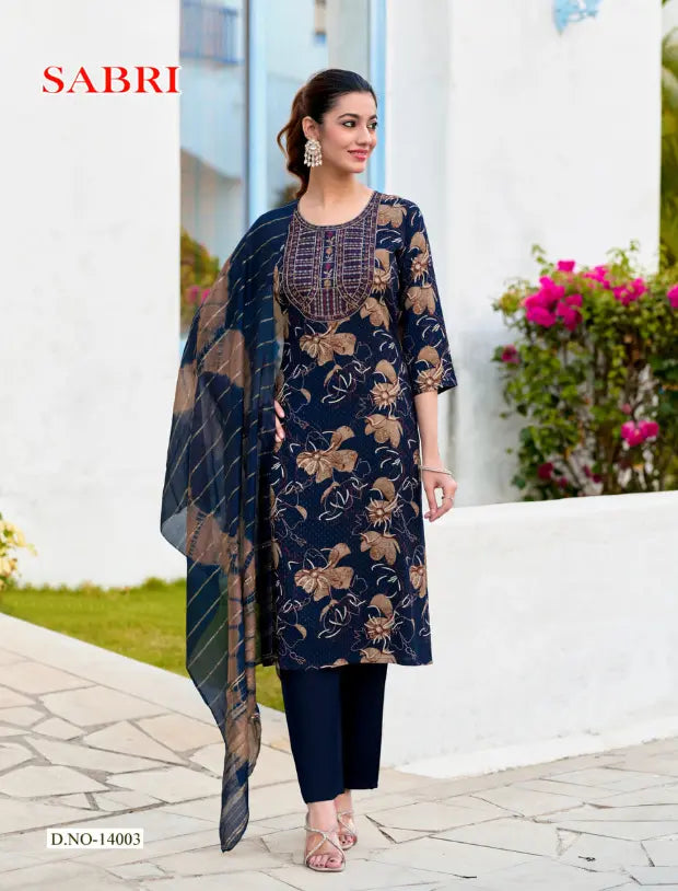 Navy Blue Heavy Rayon Foil Print Salwar Suit with Chanderi Dupatta Main image