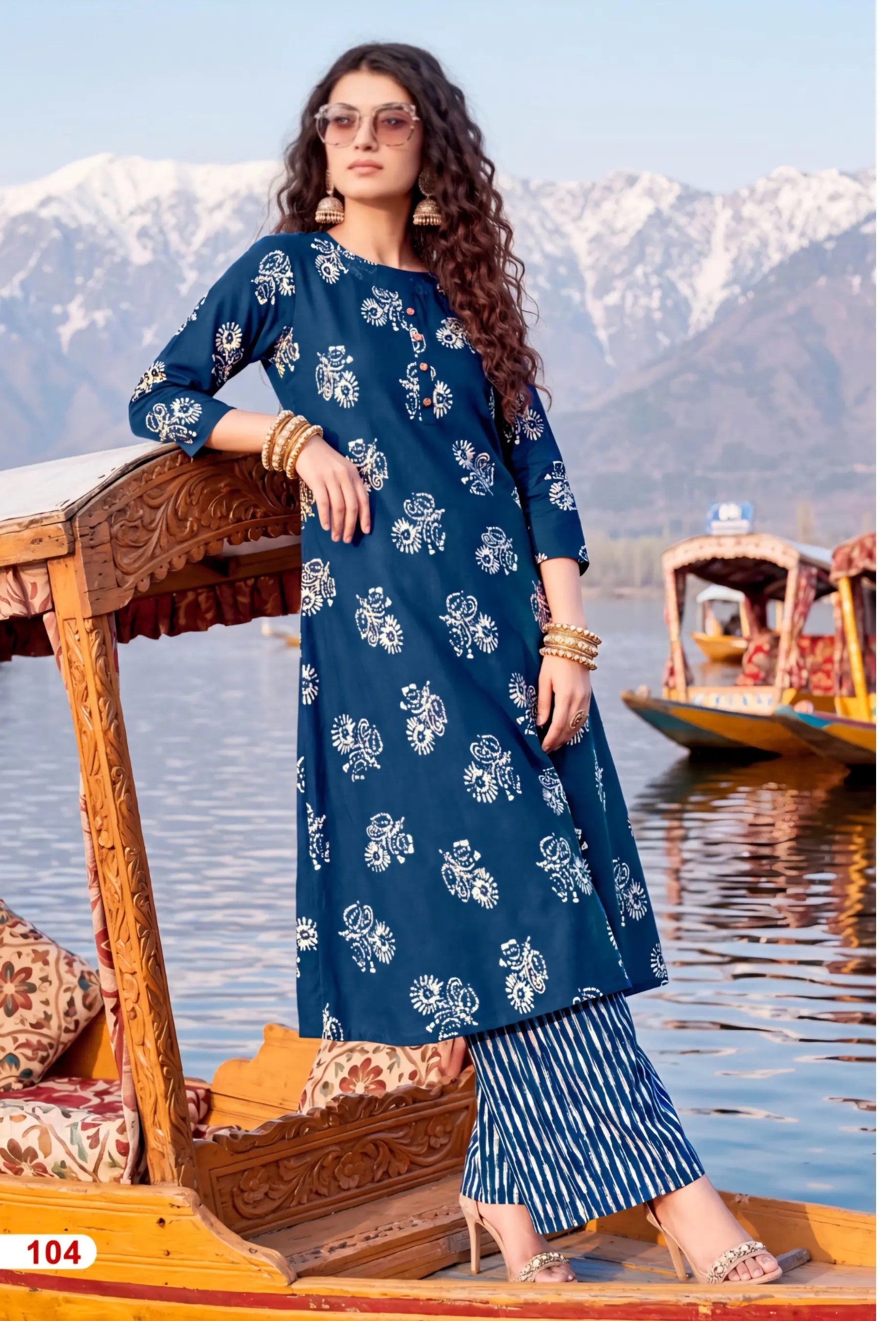 Navy Blue Heavy Rayon Printed Kurta Set with Striped Pants
