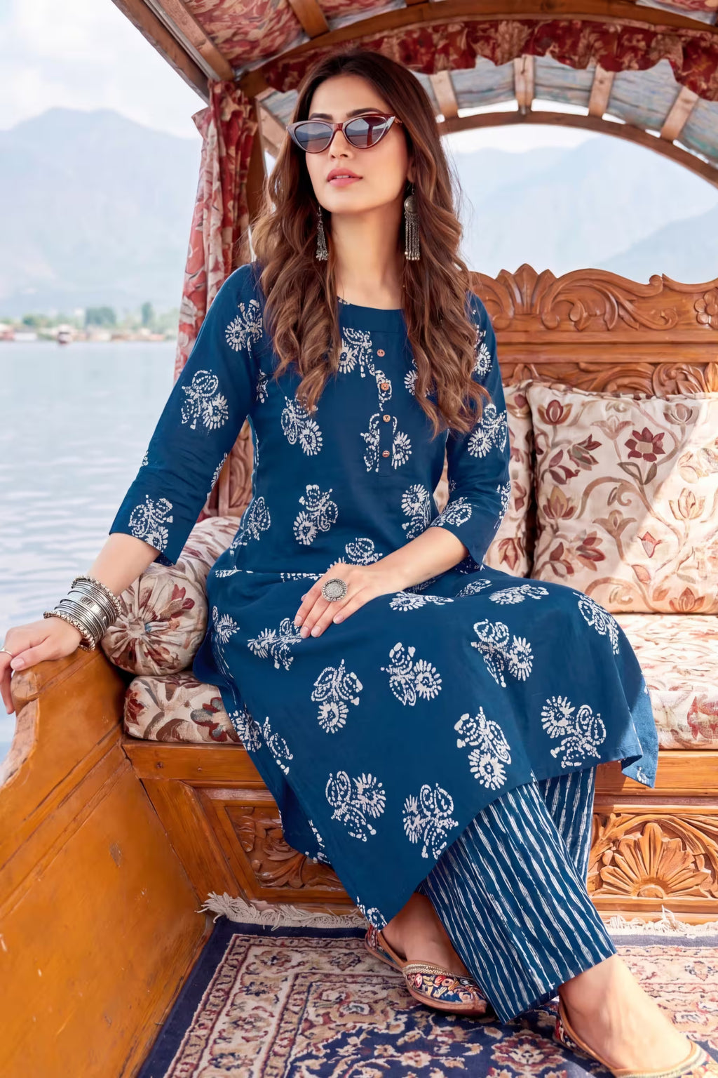 Navy Blue Heavy Rayon Printed Kurta Set with Striped Pants