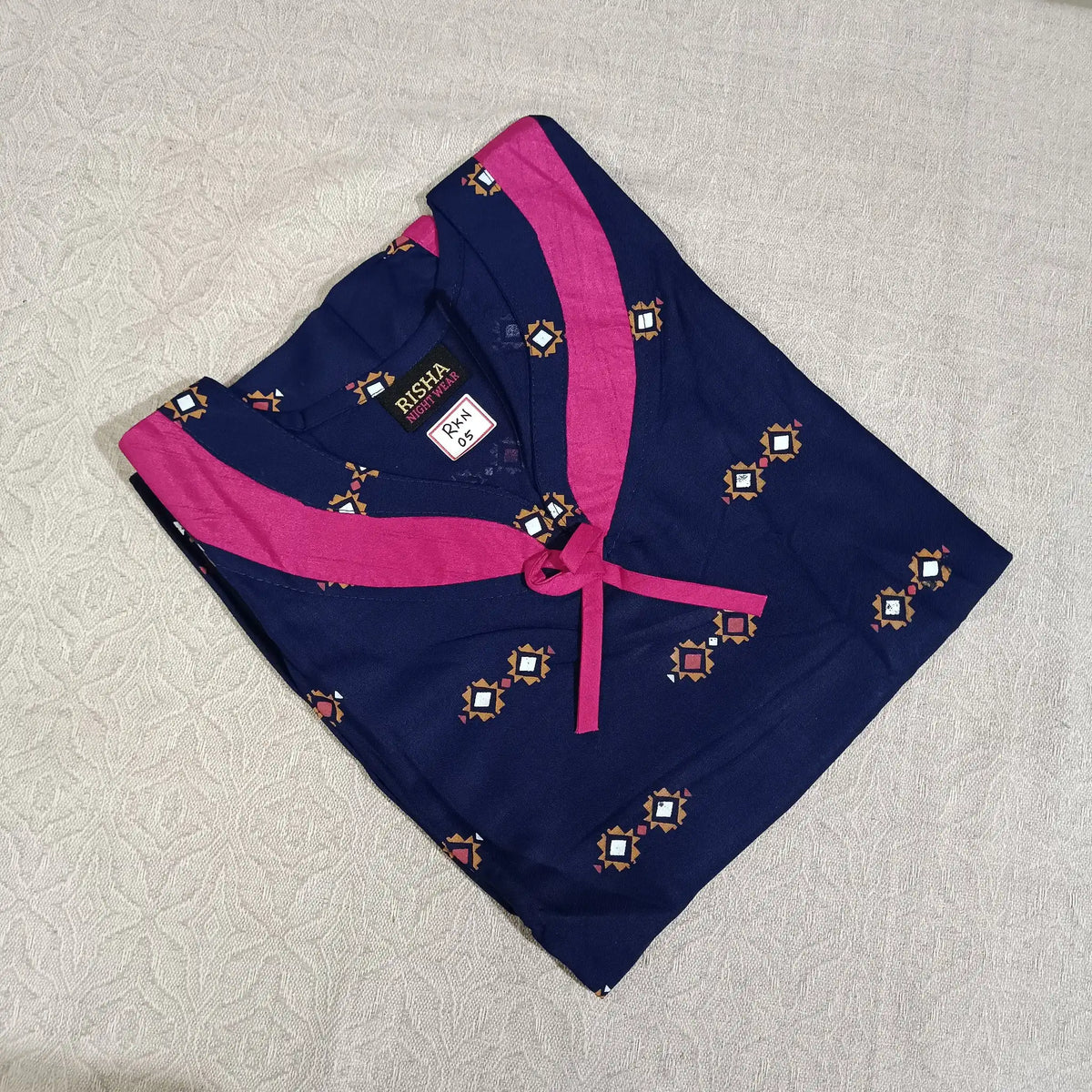 Navy Blue Ikkat Butta Print Fancy Lace Rayon Nighty Main image