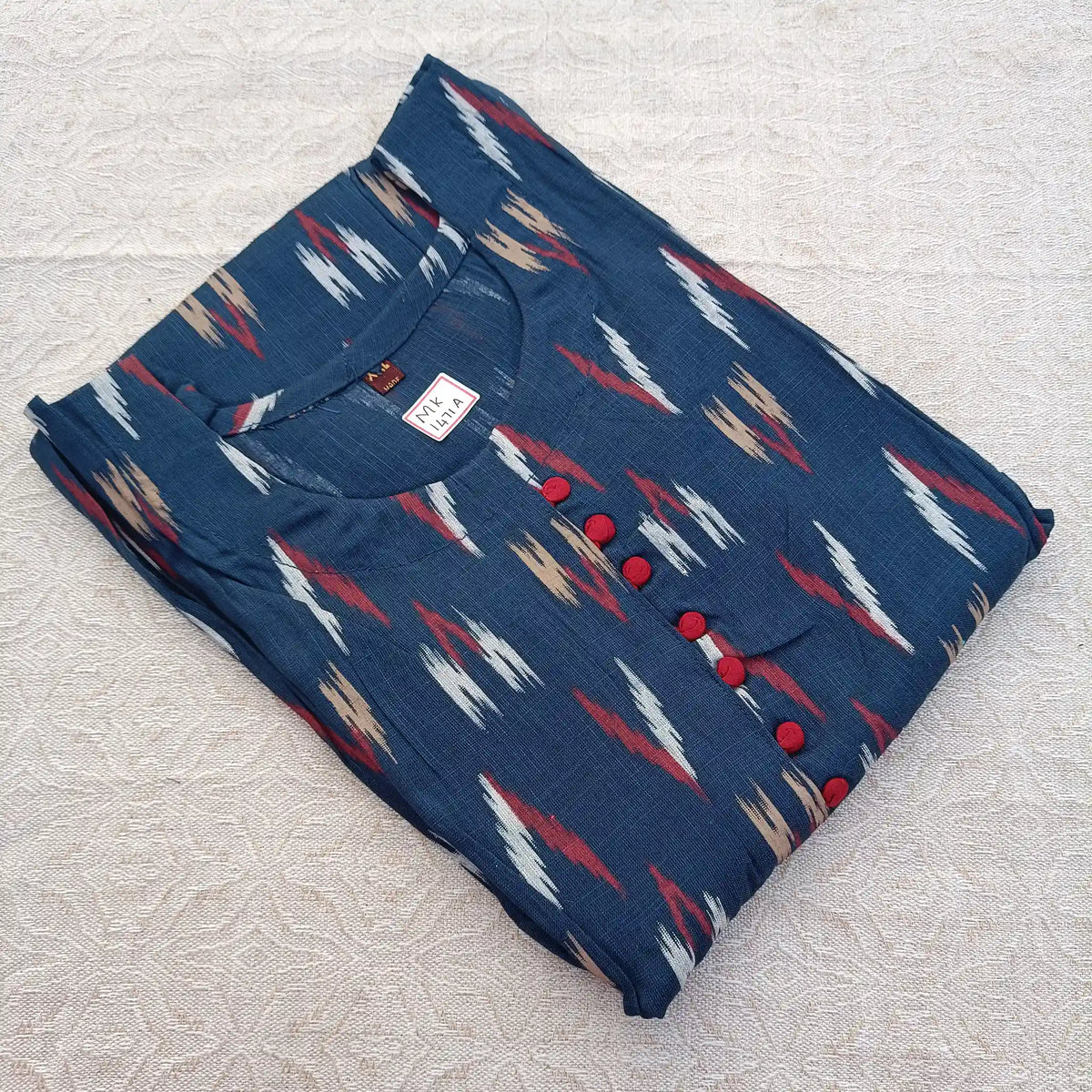 Navy Blue Ikkat Print with Potli Button Long Ghera Kurti Main image