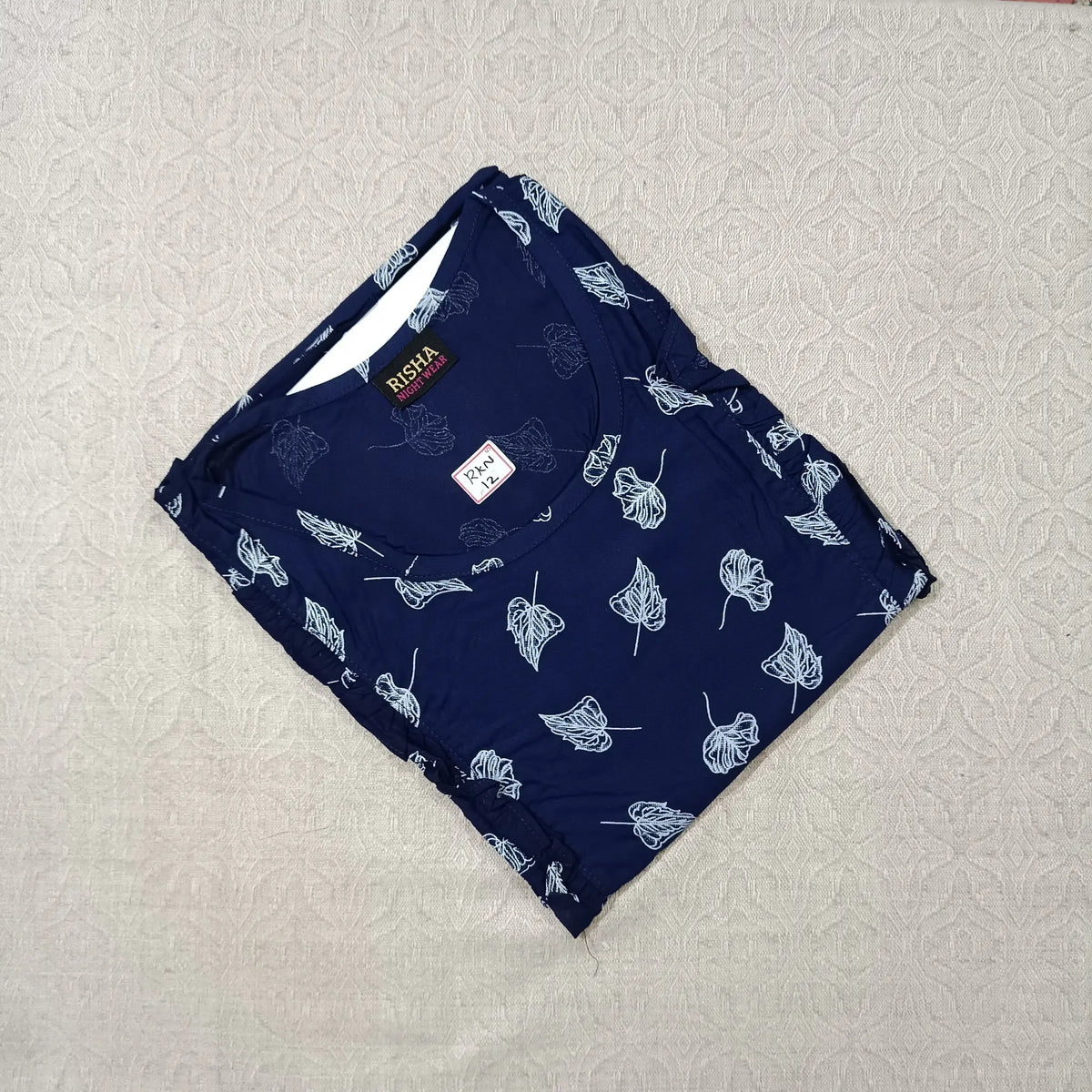 Navy Blue Leaf Printed Rayon Side Frill Nighties Main image