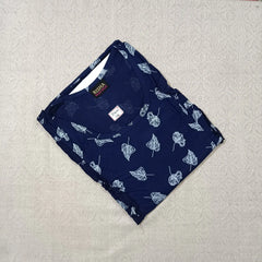 Navy Blue Leaf Printed Rayon Side Frill Nighties