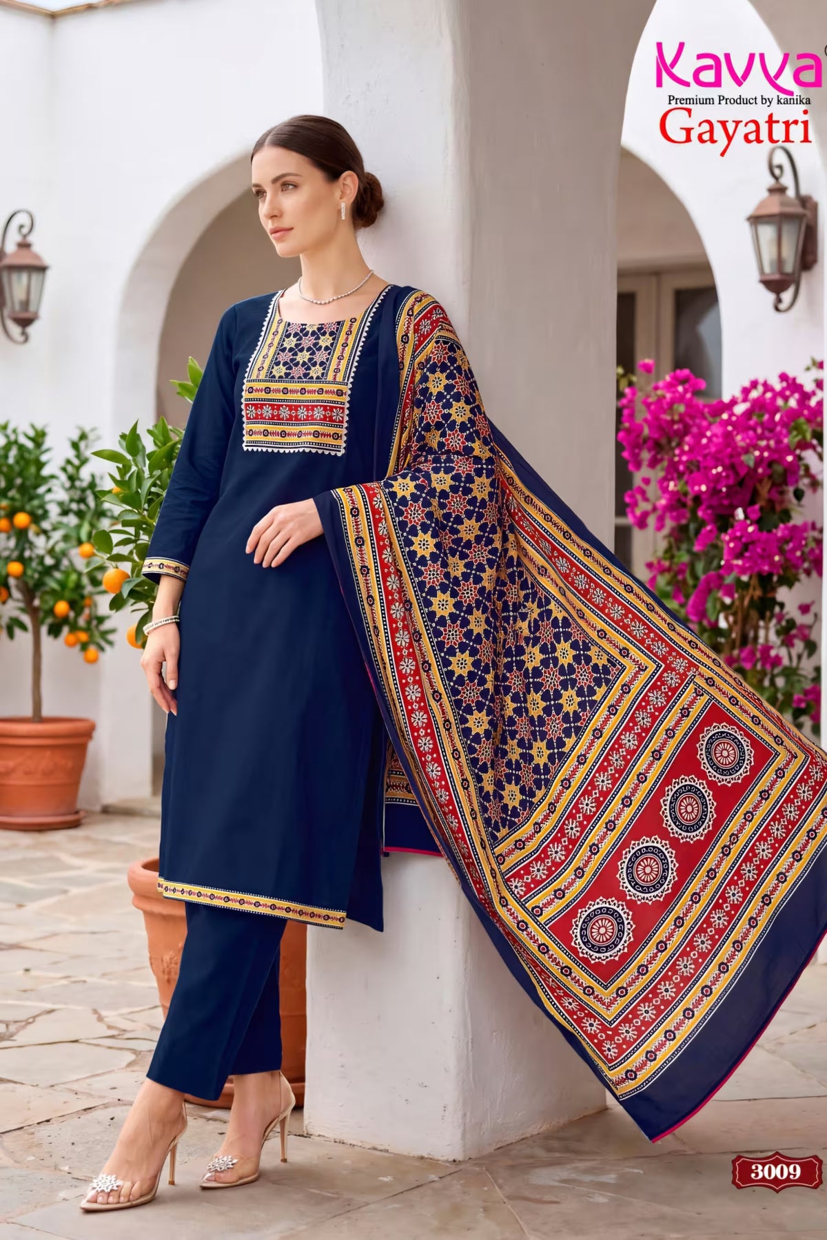Navy Blue Salwar Suit Set with Red & Mustard Printed Dupatta – 3009