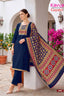 Navy Blue Salwar Suit Set with Red & Mustard Printed Dupatta – 3009