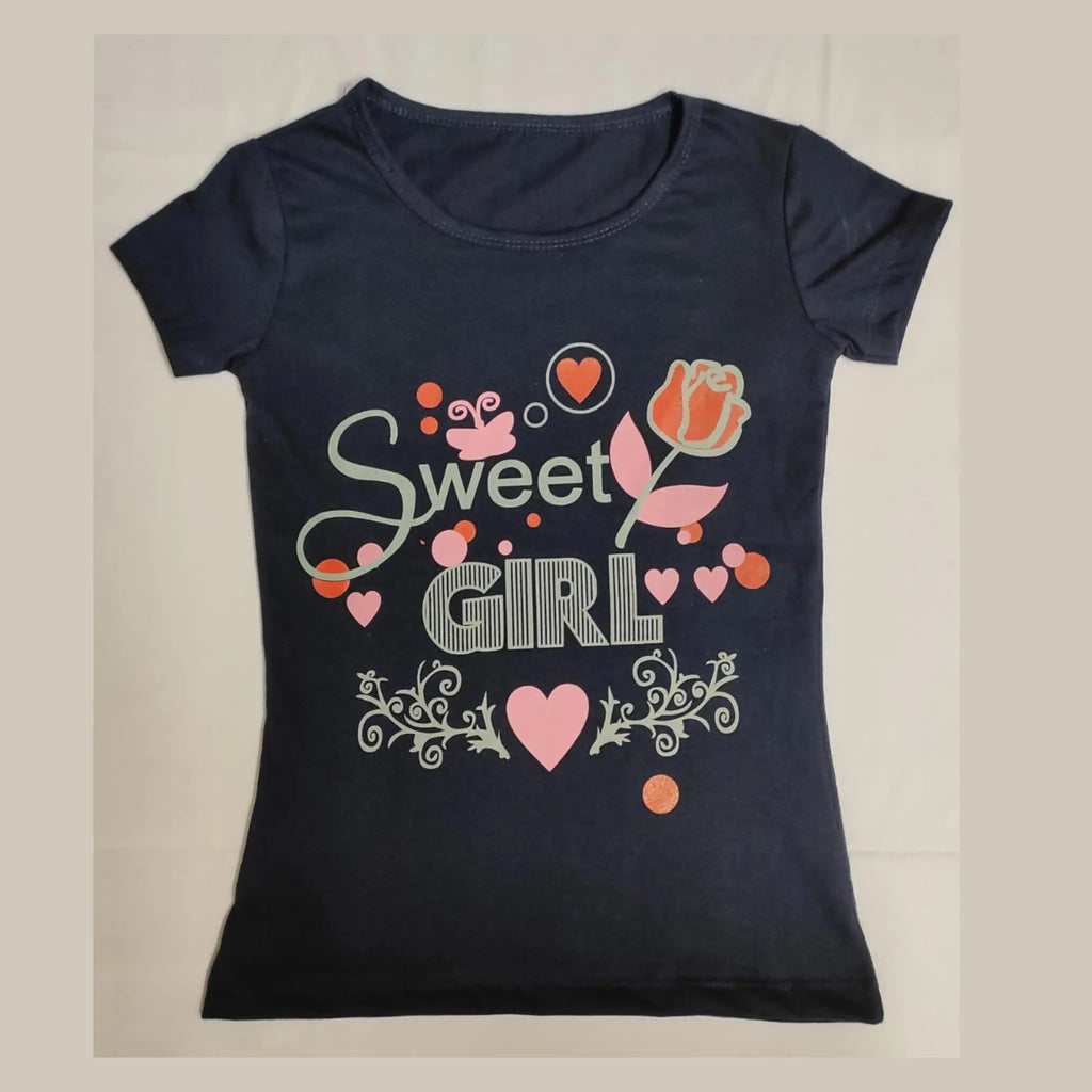Navy Blue Sweet Girl Printed Cotton  T-Shirt
