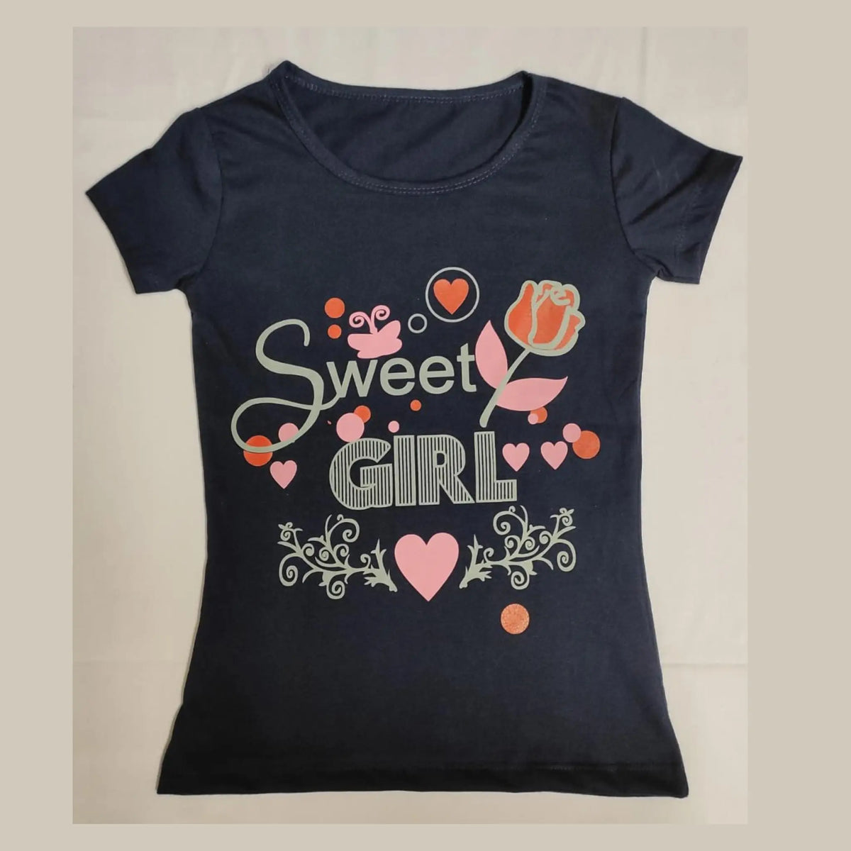 Navy Blue Sweet Girl Printed Cotton  T-Shirt Main image