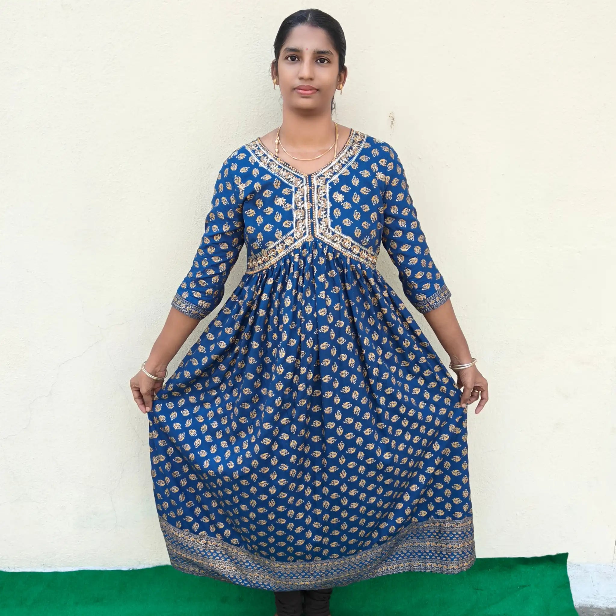 Navy Blue with Yellow Butta Alaya Cut Kurti 415 Main image