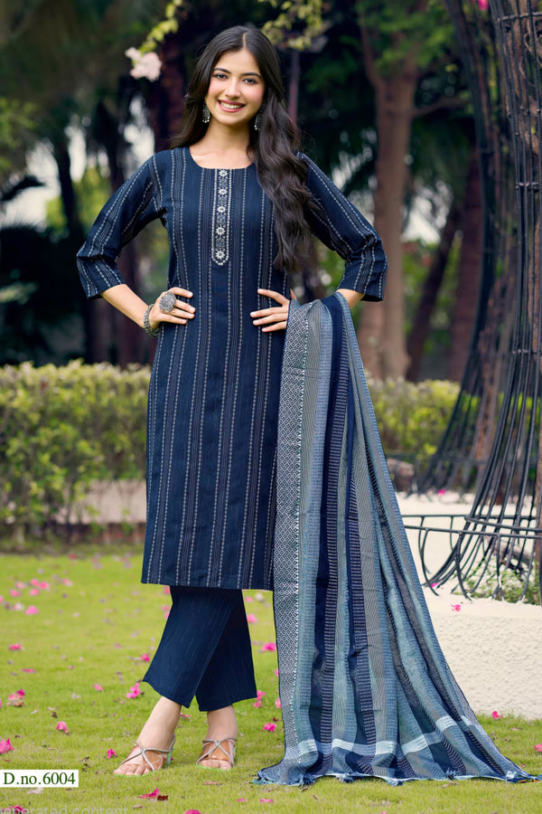 Navy Blue Cotton Straight Kurta Pant Set with Dupatta | Bavis Clothing