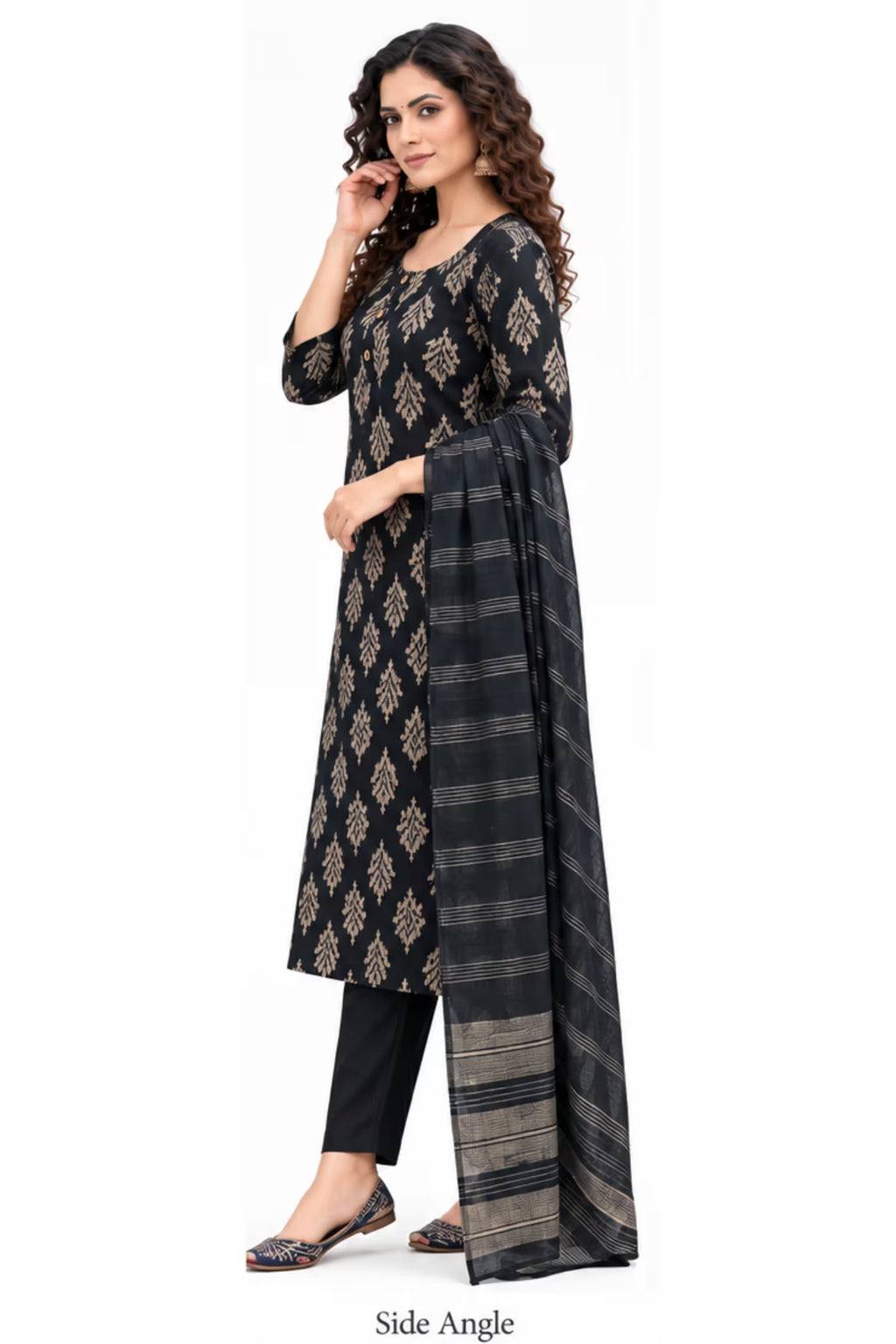 Side Angle - Navy Blue Leaf Print Kurta Pant Set with Striped Dupatta for Women | Bavis Clothing
