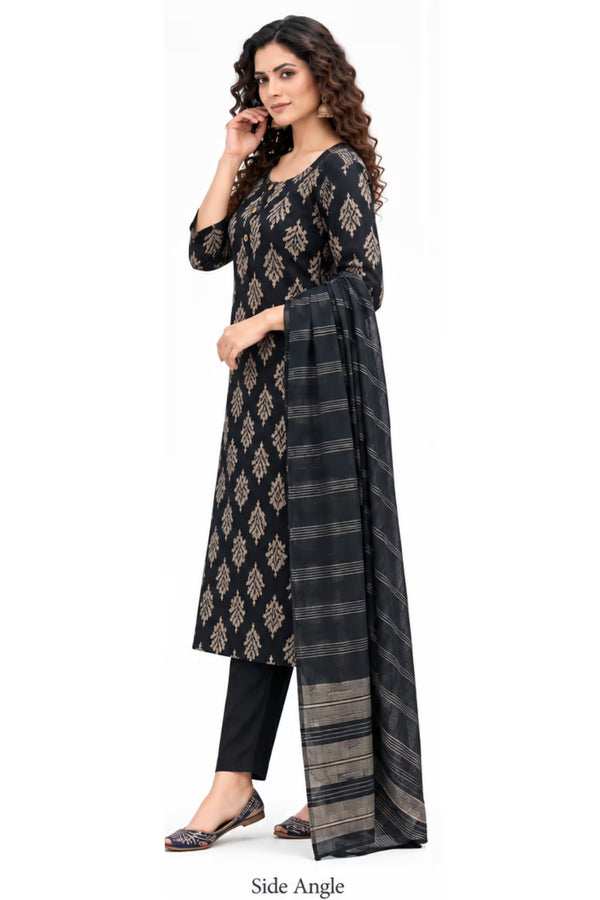 Side Angle - Navy Blue Leaf Print Kurta Pant Set with Striped Dupatta for Women | Bavis Clothing