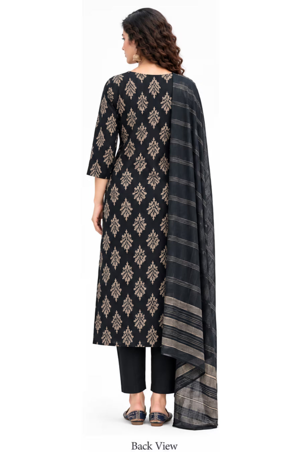 Back View  - Navy Blue Leaf Print Kurta Pant Set with Striped Dupatta for Women | Bavis Clothing