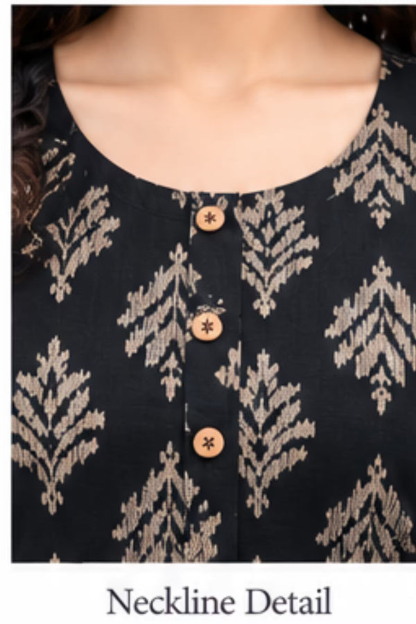 Neckline Detail - Navy Blue Leaf Print Kurta Pant Set with Striped Dupatta for Women | Bavis Clothing