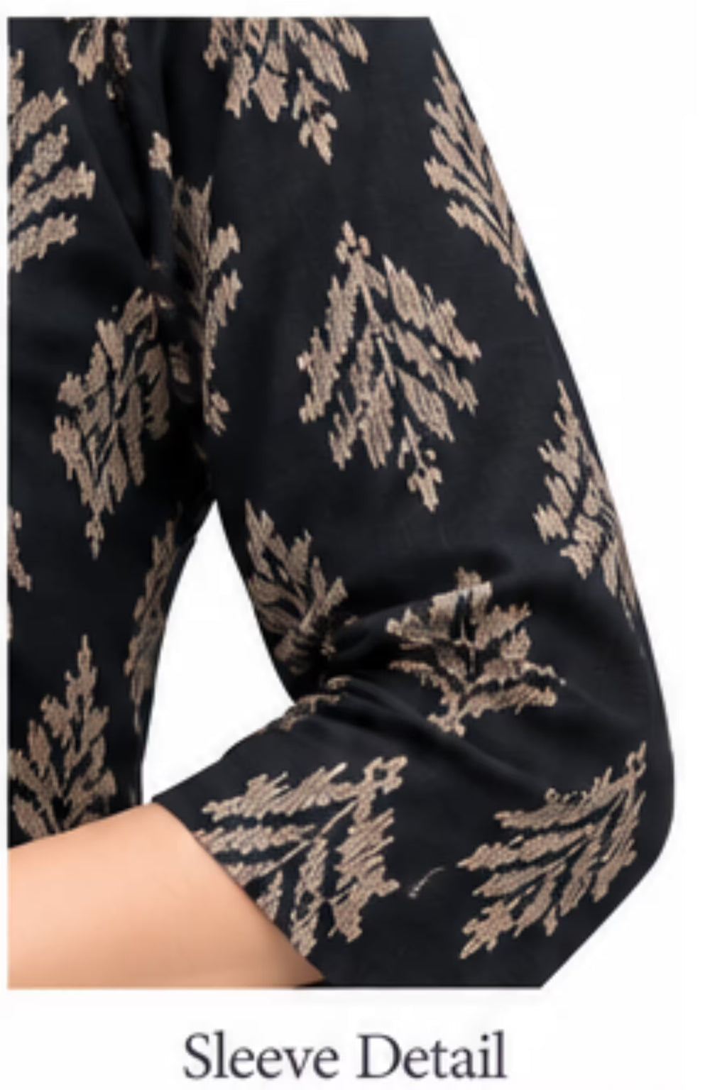 Sleeve Detail - Navy Blue Leaf Print Kurta Pant Set with Striped Dupatta for Women | Bavis Clothing