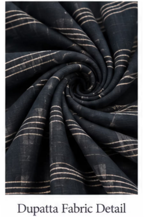 Dupatta Fabric Detail - Navy Blue Leaf Print Kurta Pant Set with Striped Dupatta for Women | Bavis Clothing