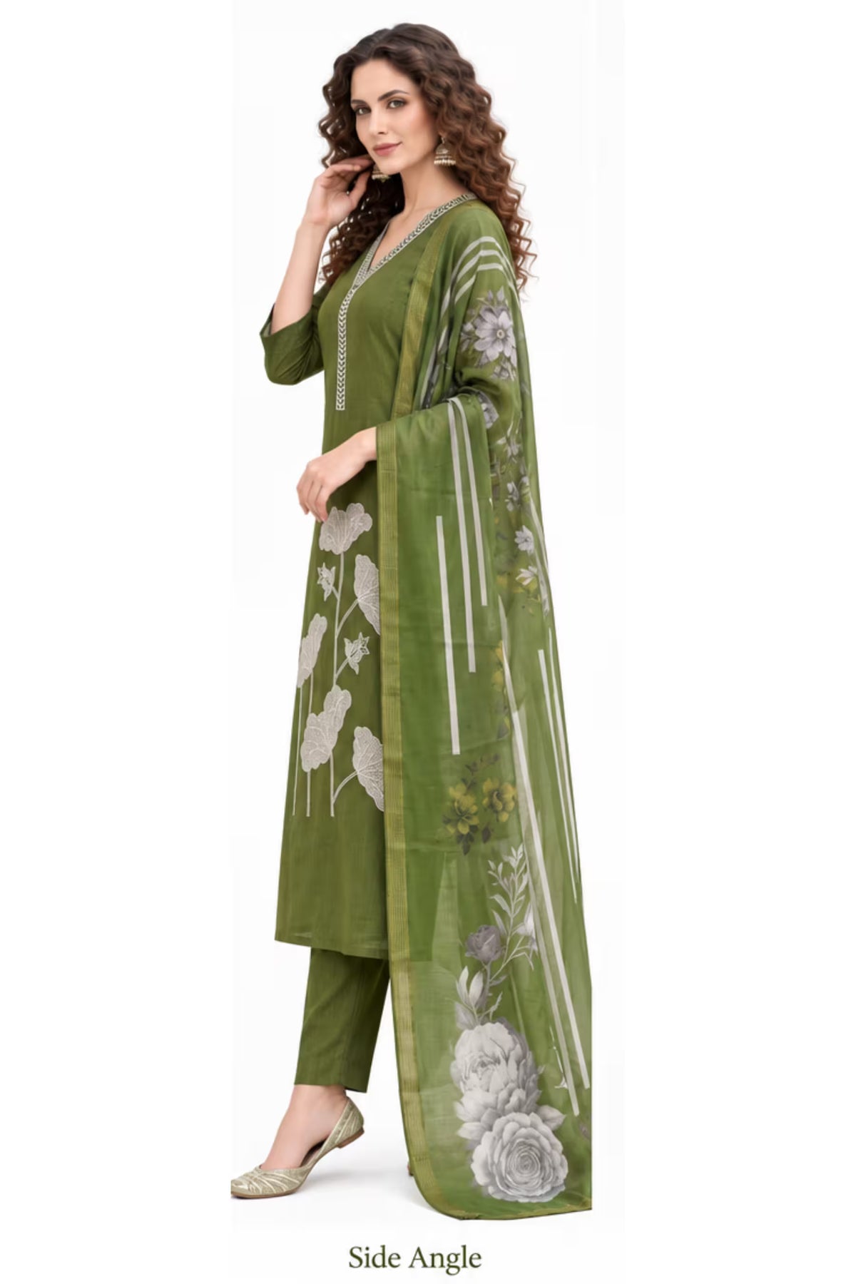 Side View - Olive Green Embroidered Vertican Silk Kurta Pant Dupatta Set for Women | Bavis Clothing