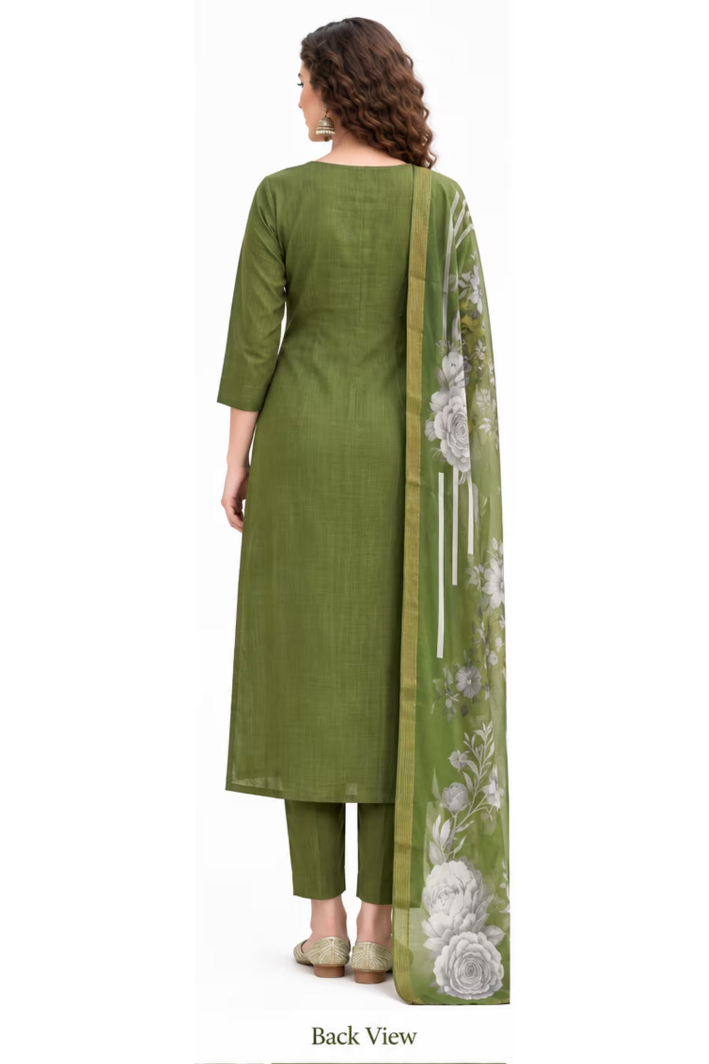 Back View - Olive Green Embroidered Vertican Silk Kurta Pant Dupatta Set for Women | Bavis Clothing