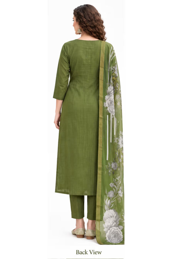 Back View - Olive Green Embroidered Vertican Silk Kurta Pant Dupatta Set for Women | Bavis Clothing