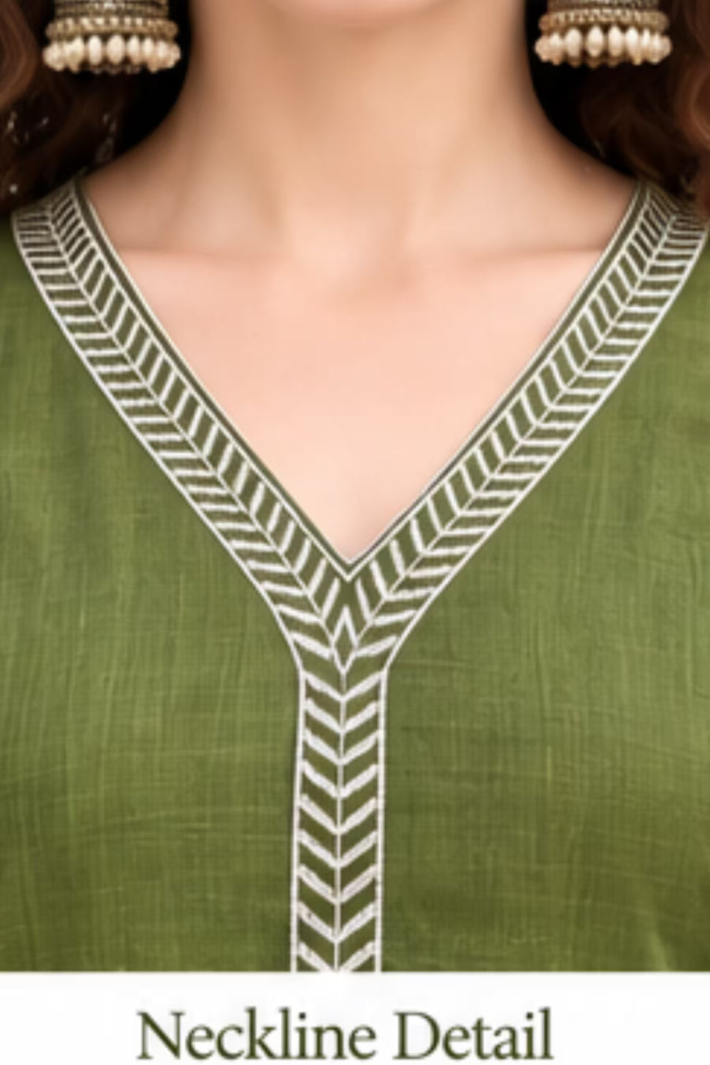 Neckline Detail - Olive Green Embroidered Vertican Silk Kurta Pant Dupatta Set for Women | Bavis Clothing