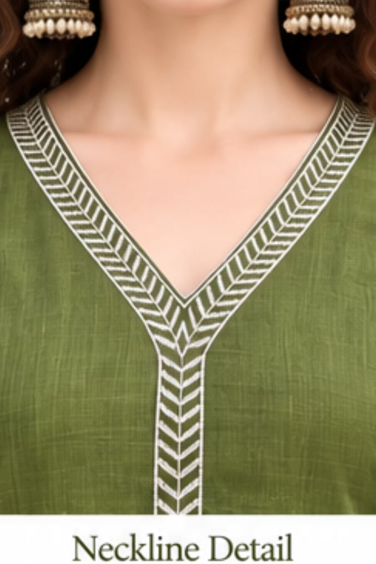 Neckline Detail - Olive Green Embroidered Vertican Silk Kurta Pant Dupatta Set for Women | Bavis Clothing
