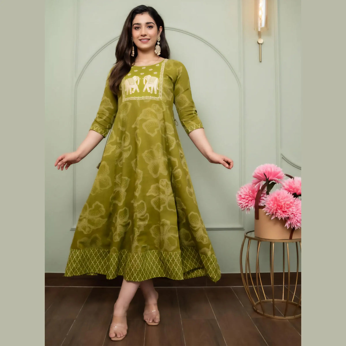 Olive Green Ethnic Printed Anarkali Kurti for Women _ Heritage Motif Design