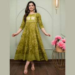 Olive Green Ethnic Printed Anarkali Kurti for Women _ Heritage Motif Design