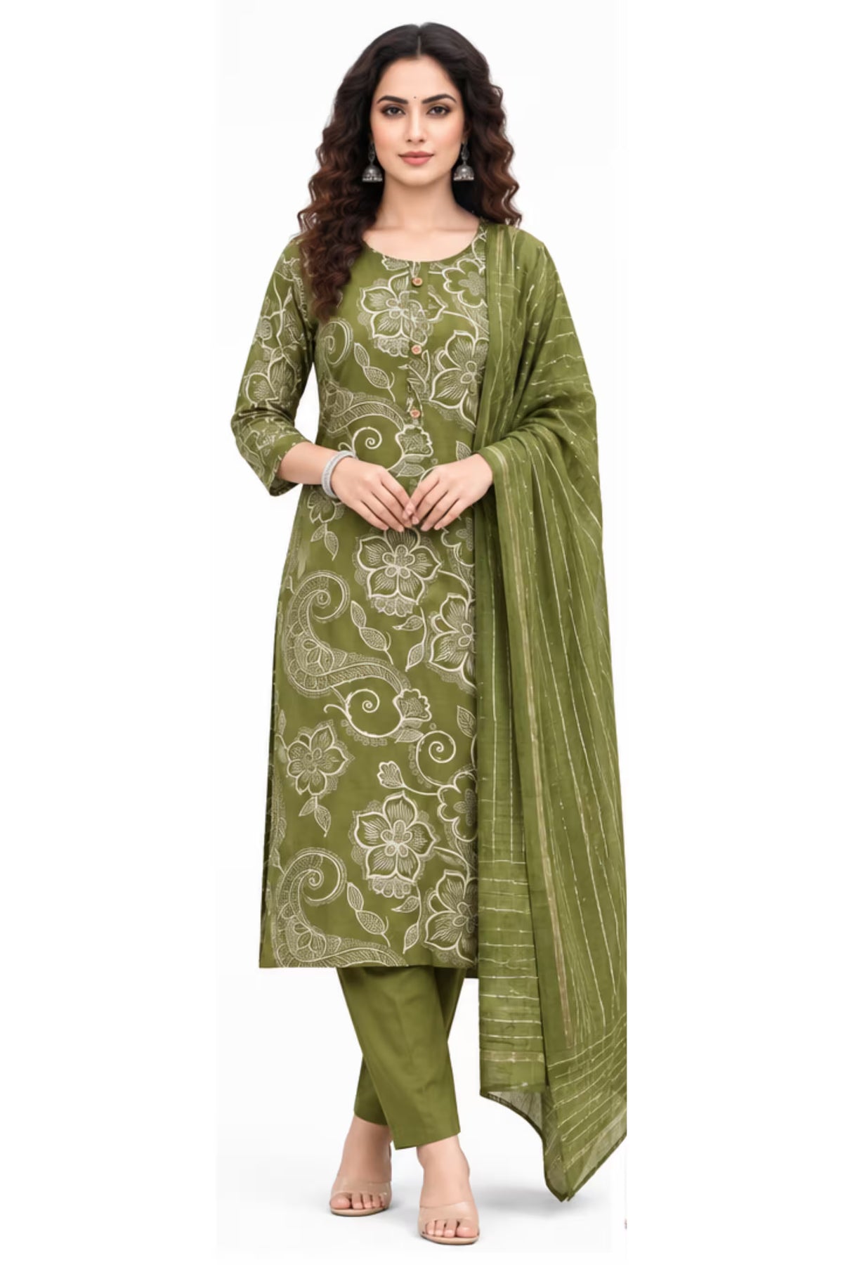 Olive Green Floral Paisley Kurta Pant Set with Striped Dupatta for Women | Bavis Clothing