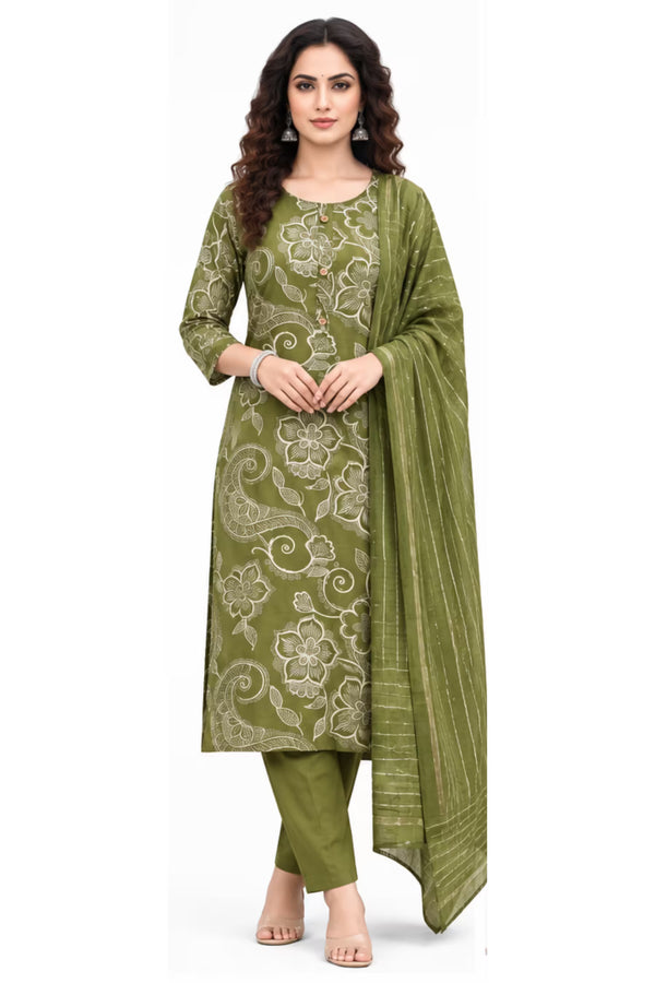 Olive Green Floral Paisley Kurta Pant Set with Striped Dupatta for Women | Bavis Clothing