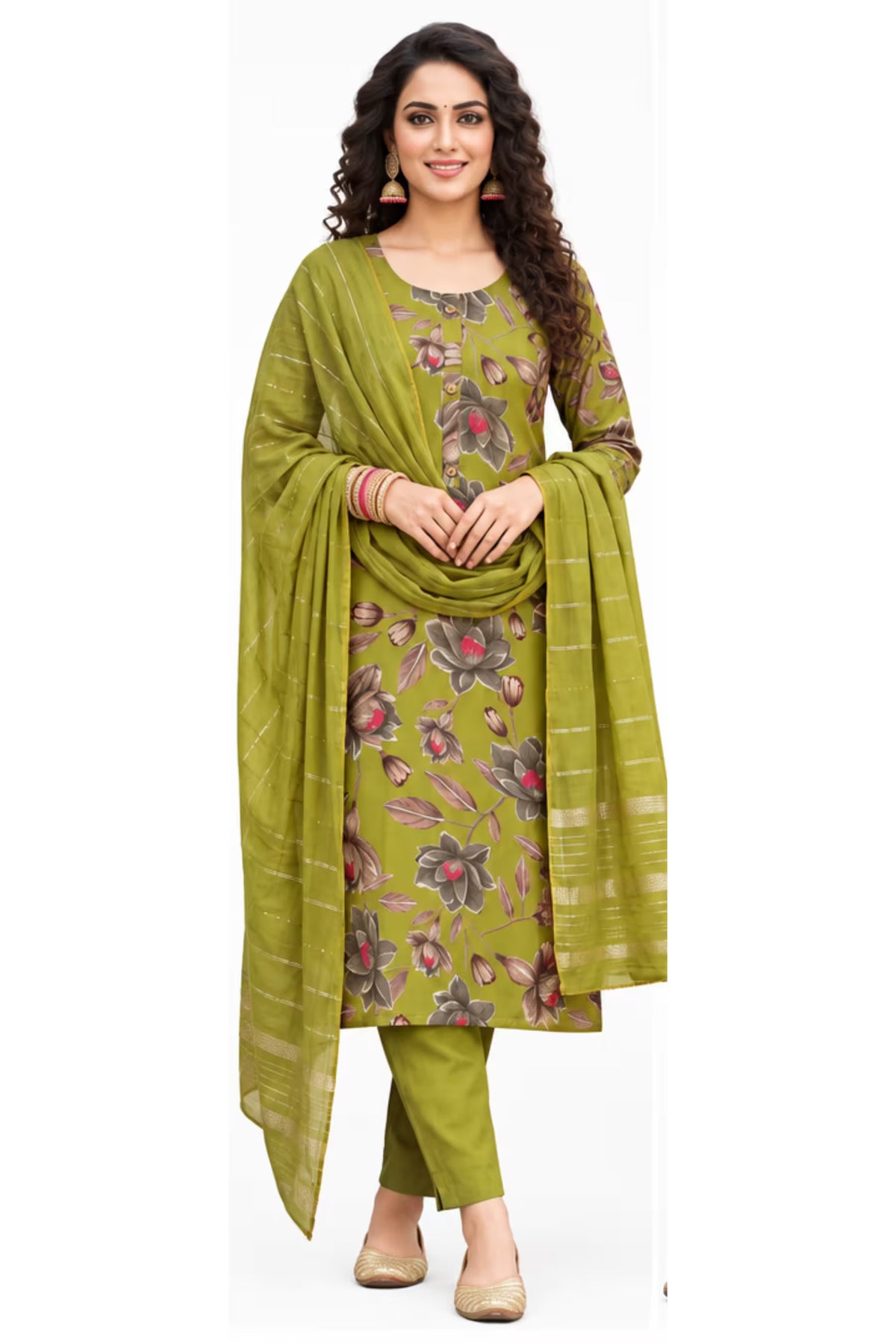 Olive Green Floral Printed Kurta Pant Dupatta Set for Women | Bavis Clothing
