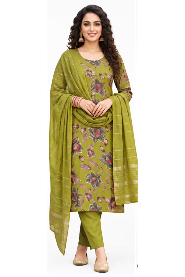 Olive Green Floral Printed Kurta Pant Dupatta Set for Women | Bavis Clothing
