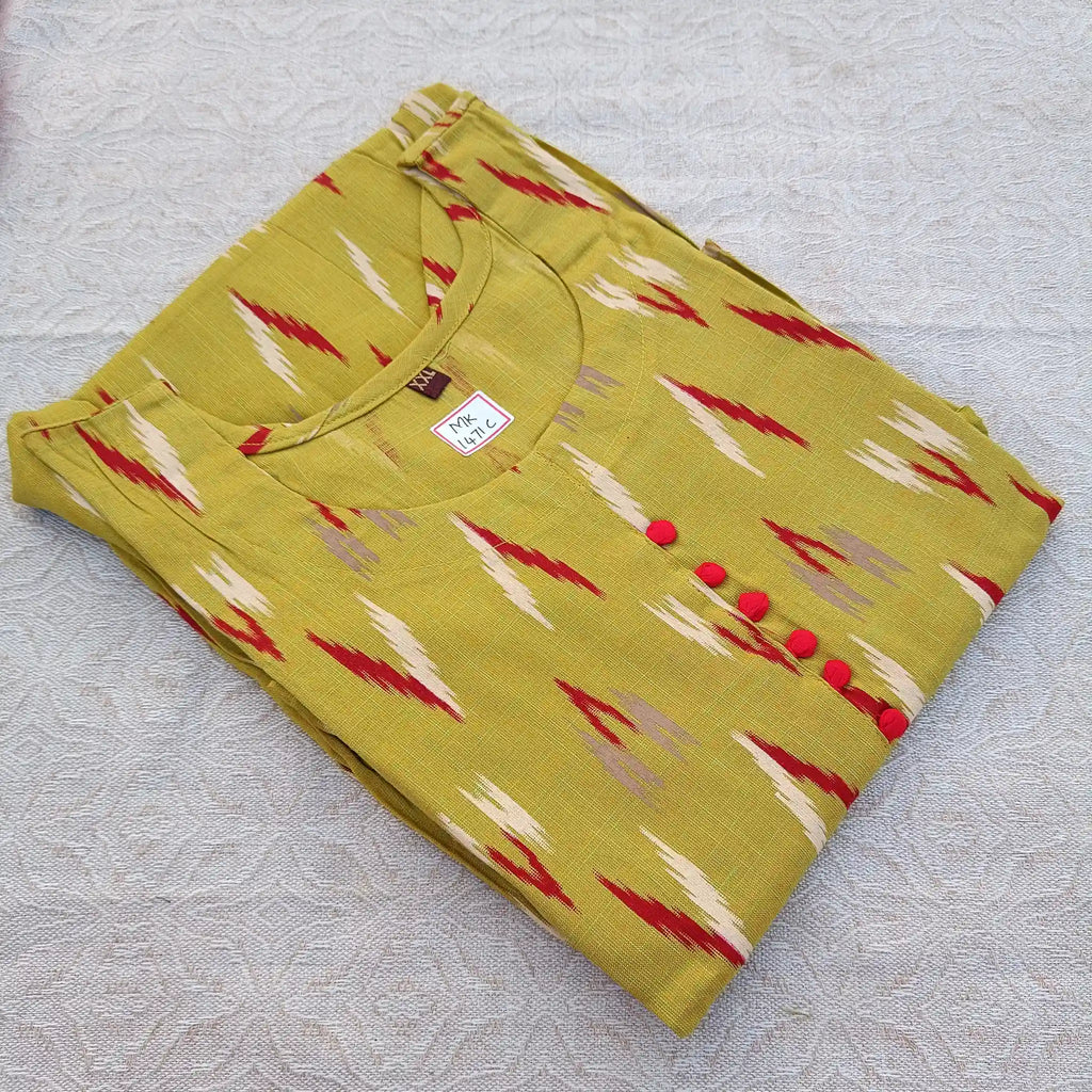 Olive Green Ikkat Print with Potli Button Long Ghera Kurti