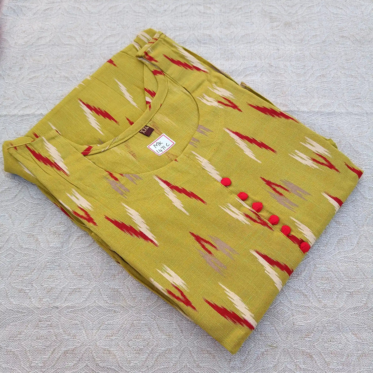 Olive Green Ikkat Print with Potli Button Long Ghera Kurti Main image