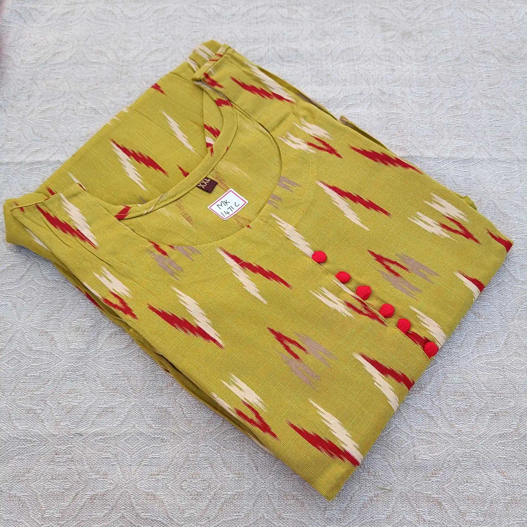 Olive Green Ikkat Print with Potli Button Long Ghera Kurti