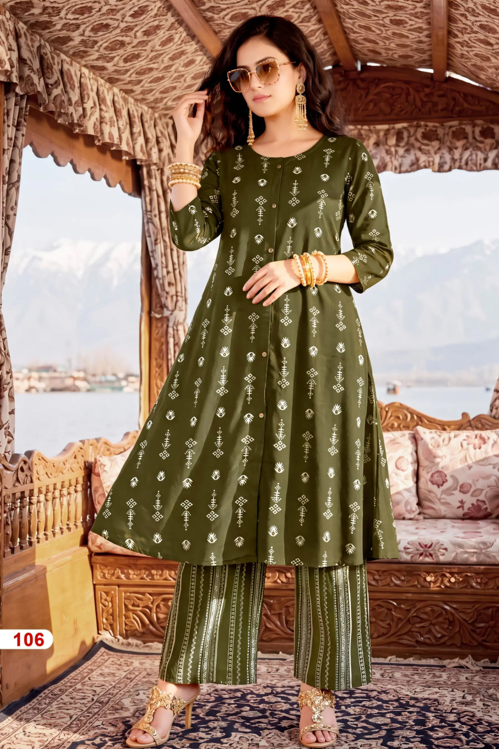 Olive Green Straight Heavy Rayon Kurta with Striped Pants
