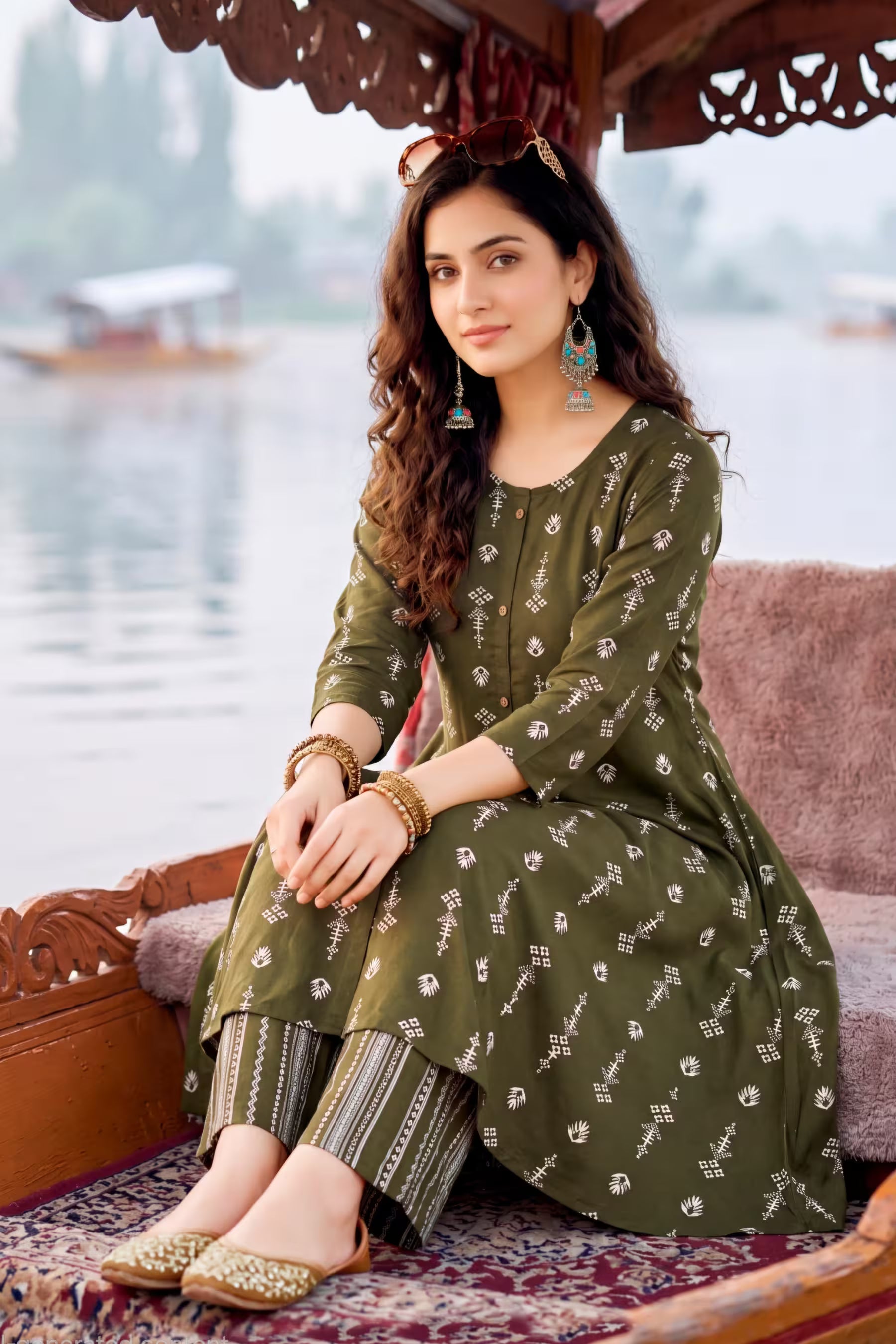 Olive Green Straight Heavy Rayon A-Line Kurta with Striped Palazzo Pants Secondary image