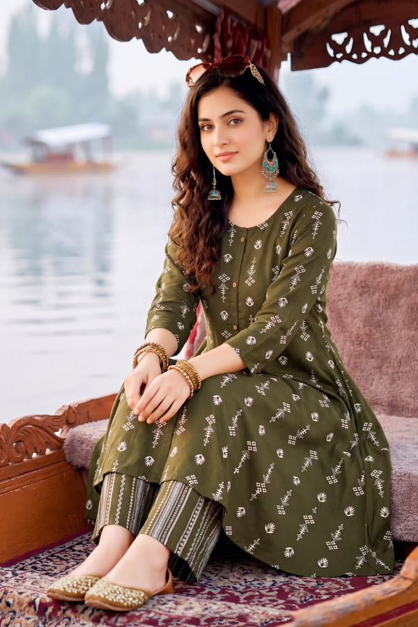 Olive Green Straight Heavy Rayon Kurta with Striped Pants