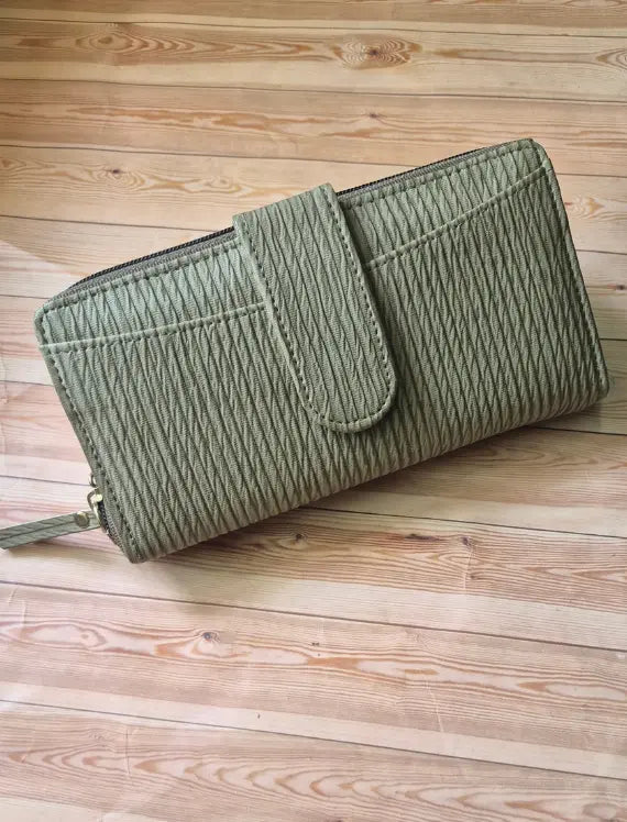 Olive Green Women's Long Wallet with Card Slots & Zip Closure