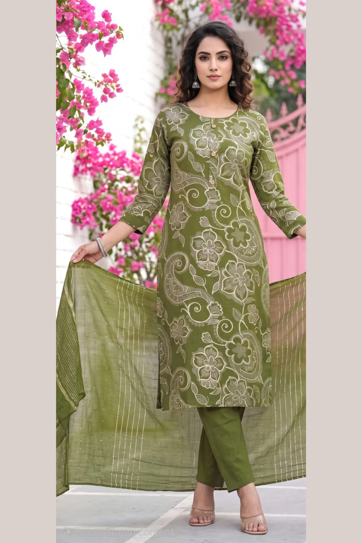 Olive Green Floral Paisley Kurta Pant Set with Striped Dupatta for Women | Bavis Clothing Main image