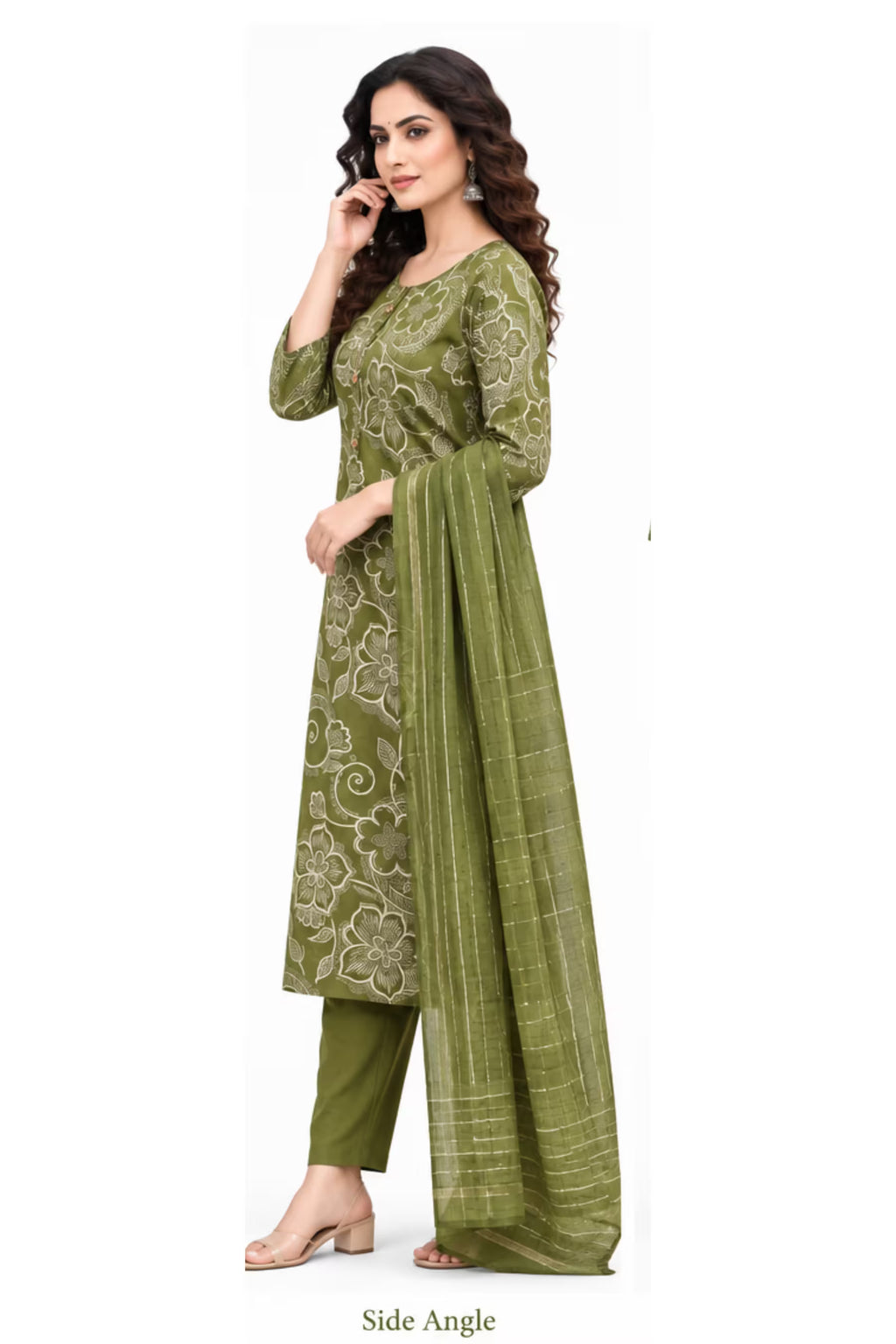 Side View - Olive Green Floral Paisley Kurta Pant Set with Striped Dupatta for Women | Bavis Clothing