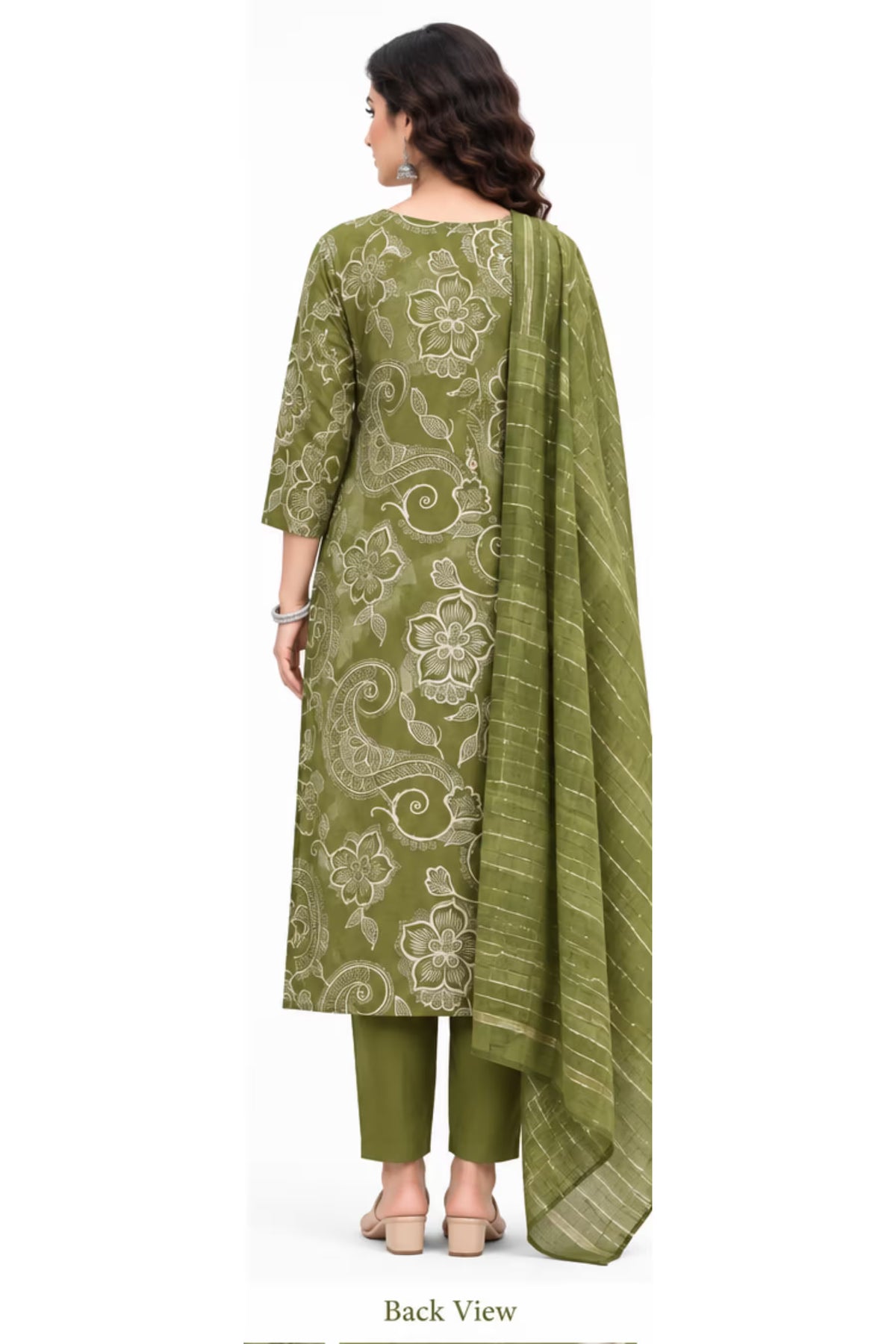 Back View - Olive Green Floral Paisley Kurta Pant Set with Striped Dupatta for Women | Bavis Clothing