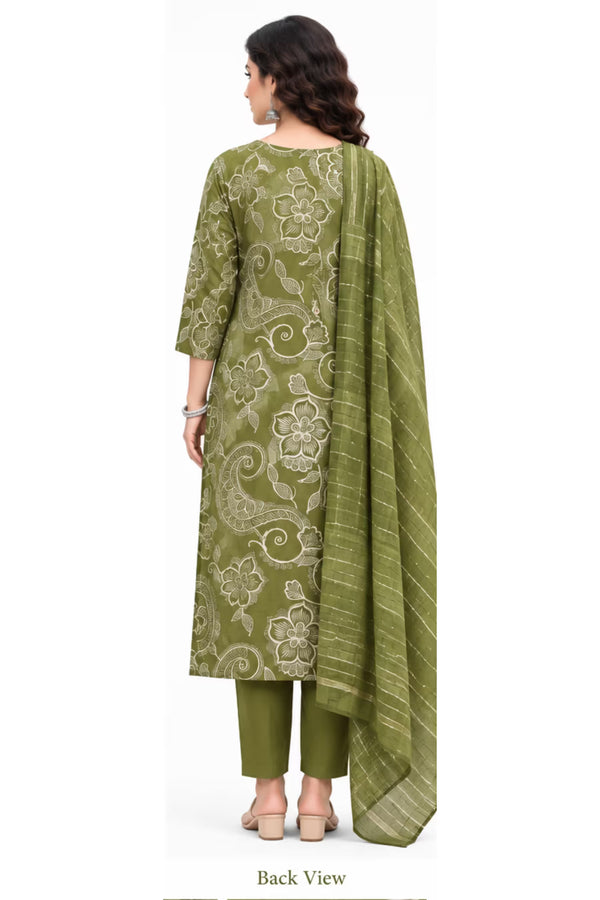 Back View - Olive Green Floral Paisley Kurta Pant Set with Striped Dupatta for Women | Bavis Clothing
