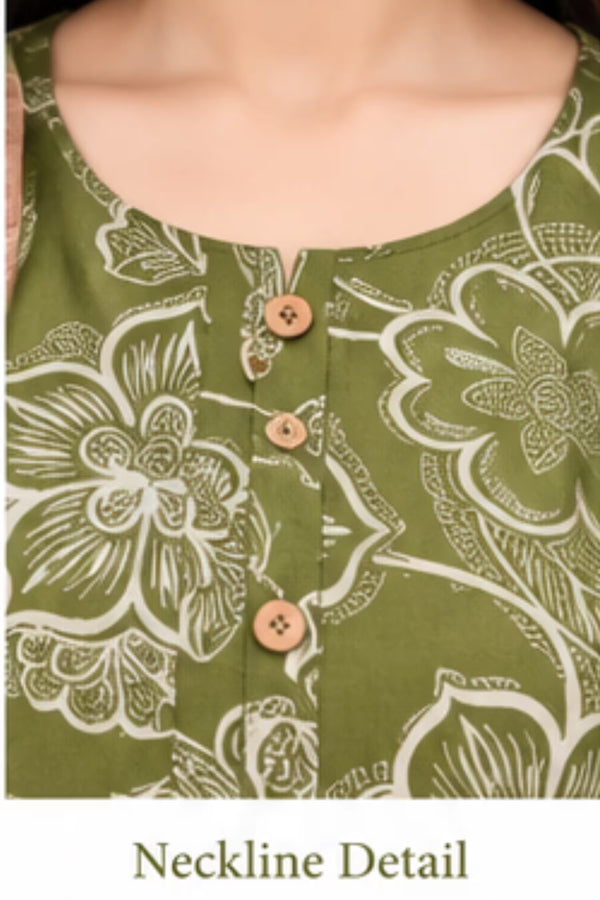 Neckline Detail - Olive Green Floral Paisley Kurta Pant Set with Striped Dupatta for Women | Bavis Clothing