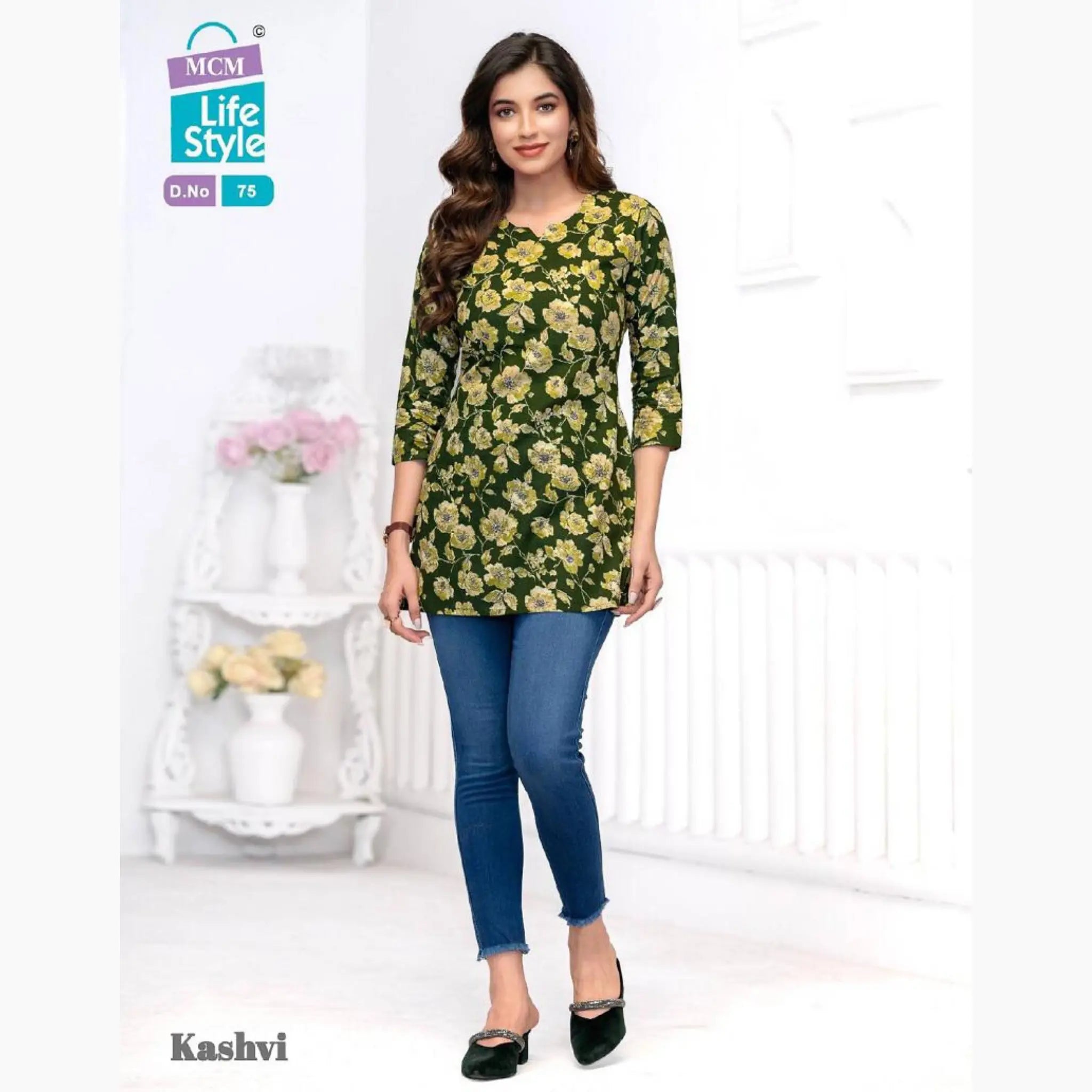 MCM Kashvi Olive Green Floral Print Short Tops Main image